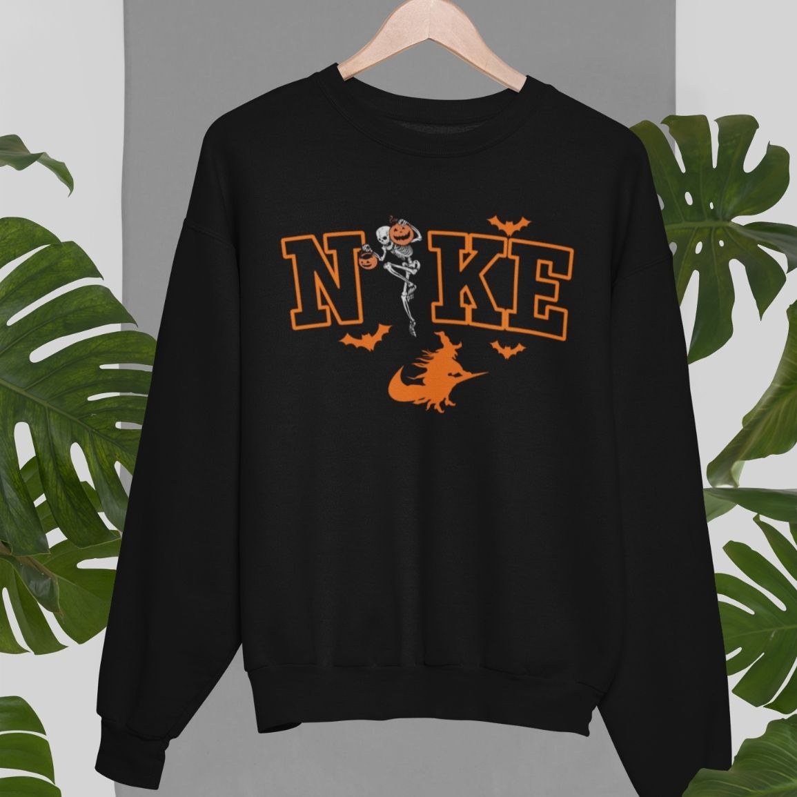 Orange Nike Halloween Witch And Skeleton Unisex Sweatshirt