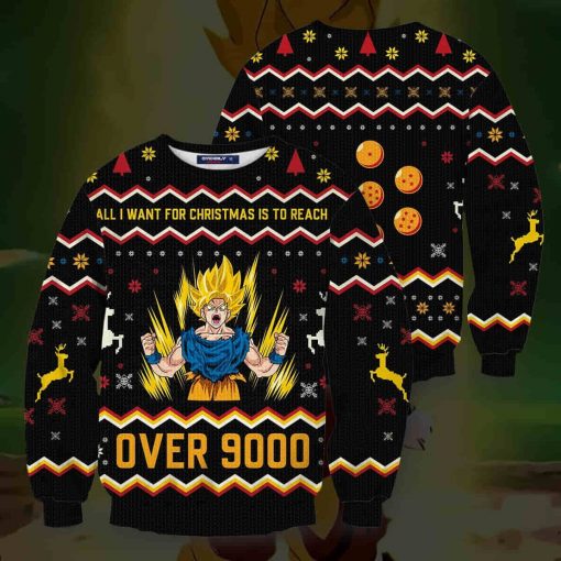 Over 9000 Son Goku Christmas Wool Knitted Sweater, Dragon Balls Christmas 3D Sweater