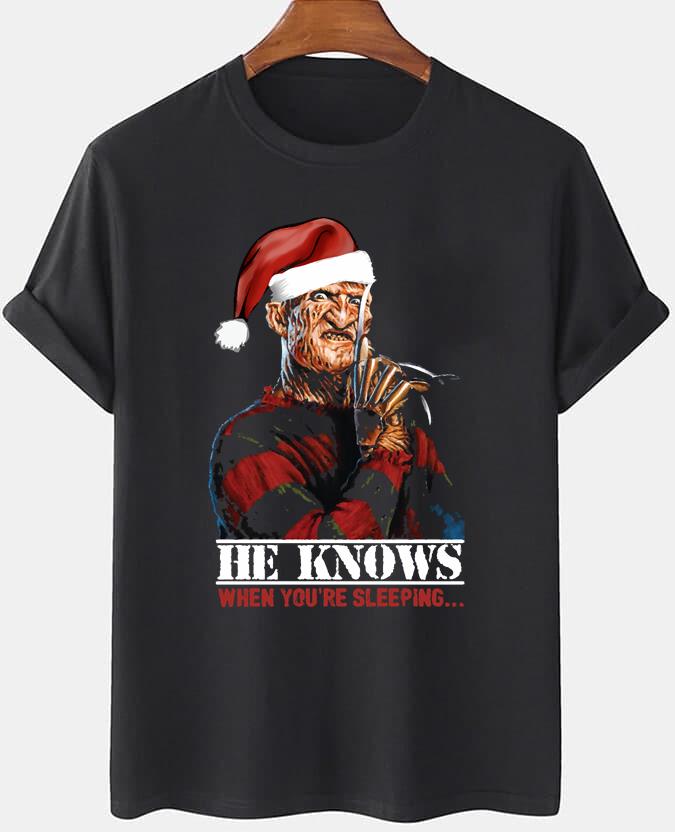 Freddy Krueger Christmas Santa T-Shirt He Knows When You're Sleeping