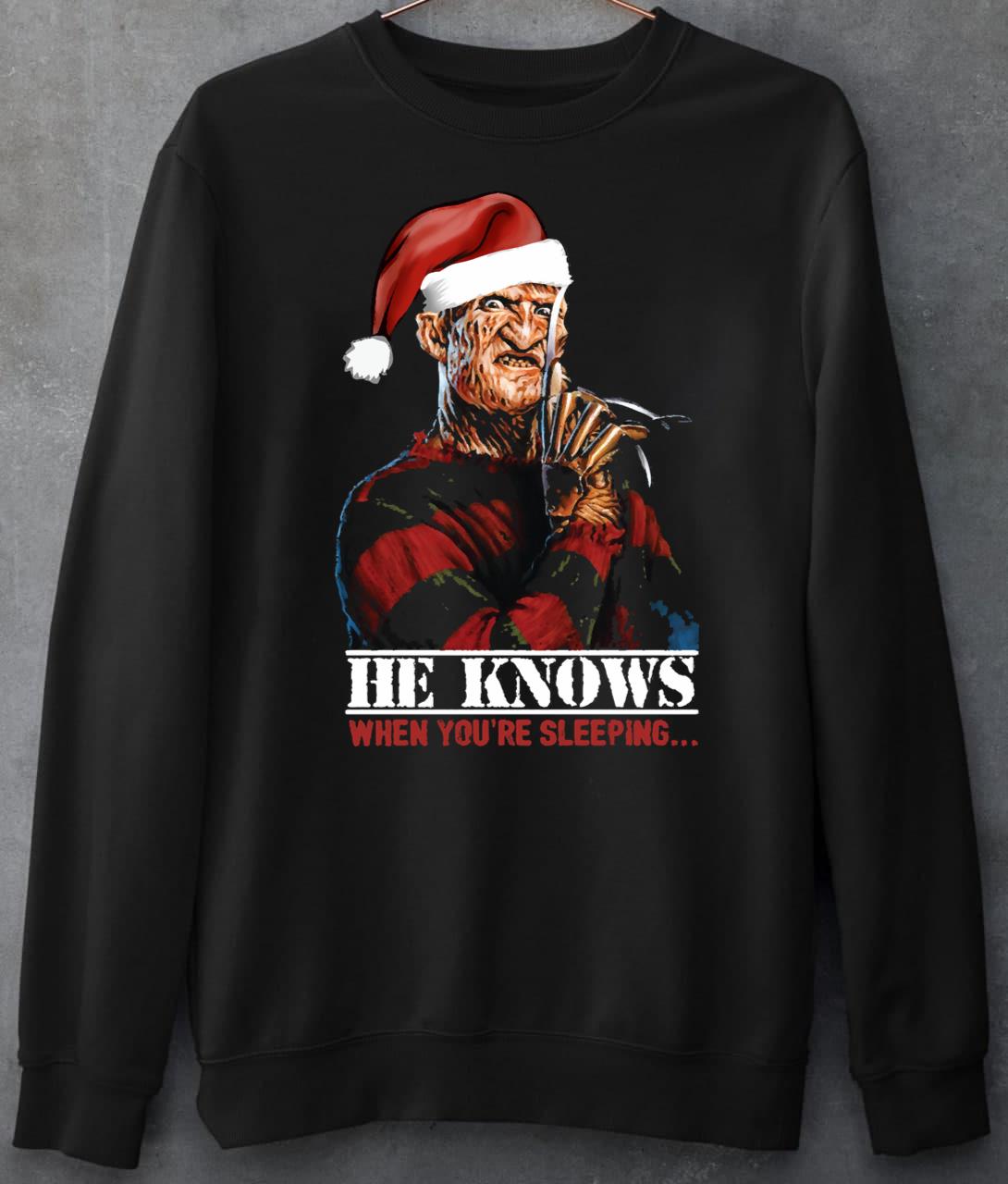 Freddy Krueger Christmas Santa T-Shirt He Knows When You're Sleeping