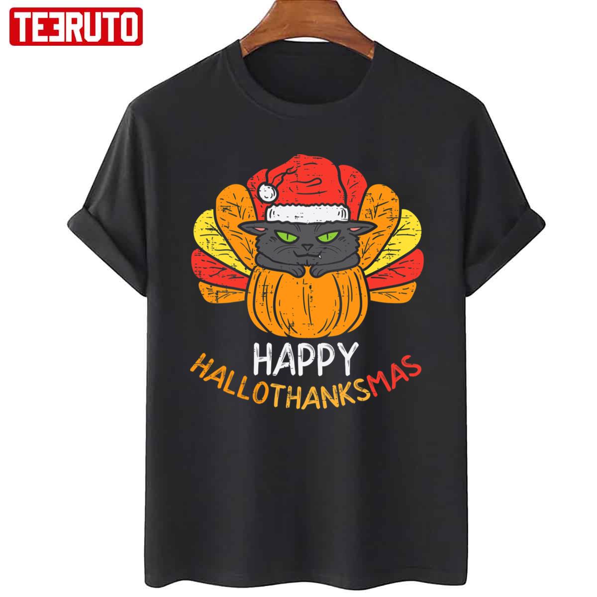 Happy Hallothanksmas Turkey Cat Thanksgiving Christmas Unisex T-Shirt
