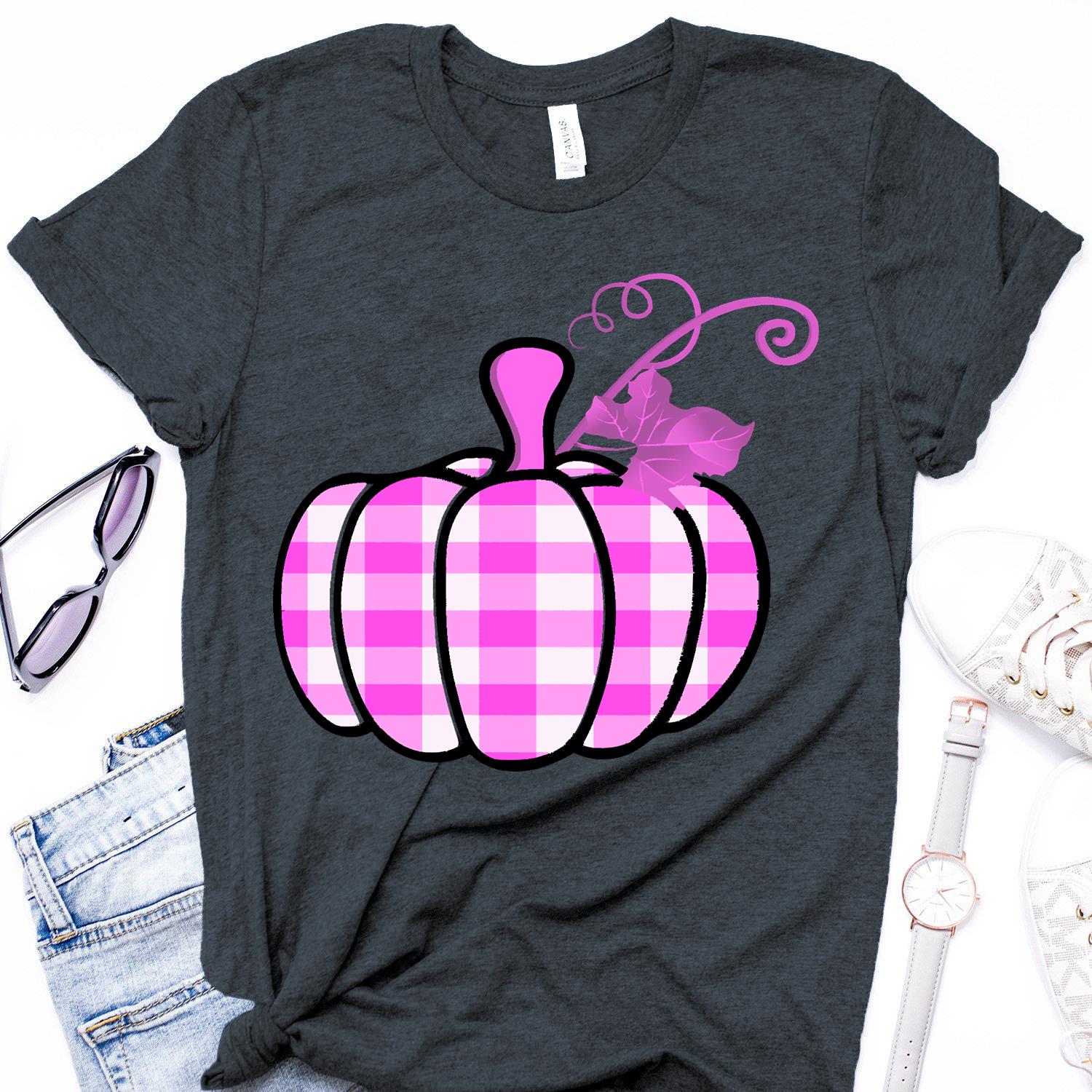 In October We Wear Pink Pumpkin Plaid Cancer Awareness T-Shirt