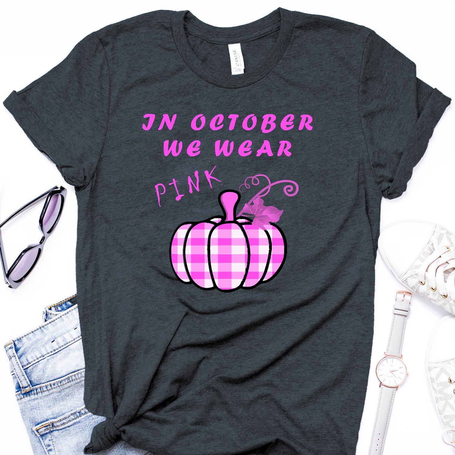 In October We Wear Pink Pumpkin Plaid Woman T-Shirt