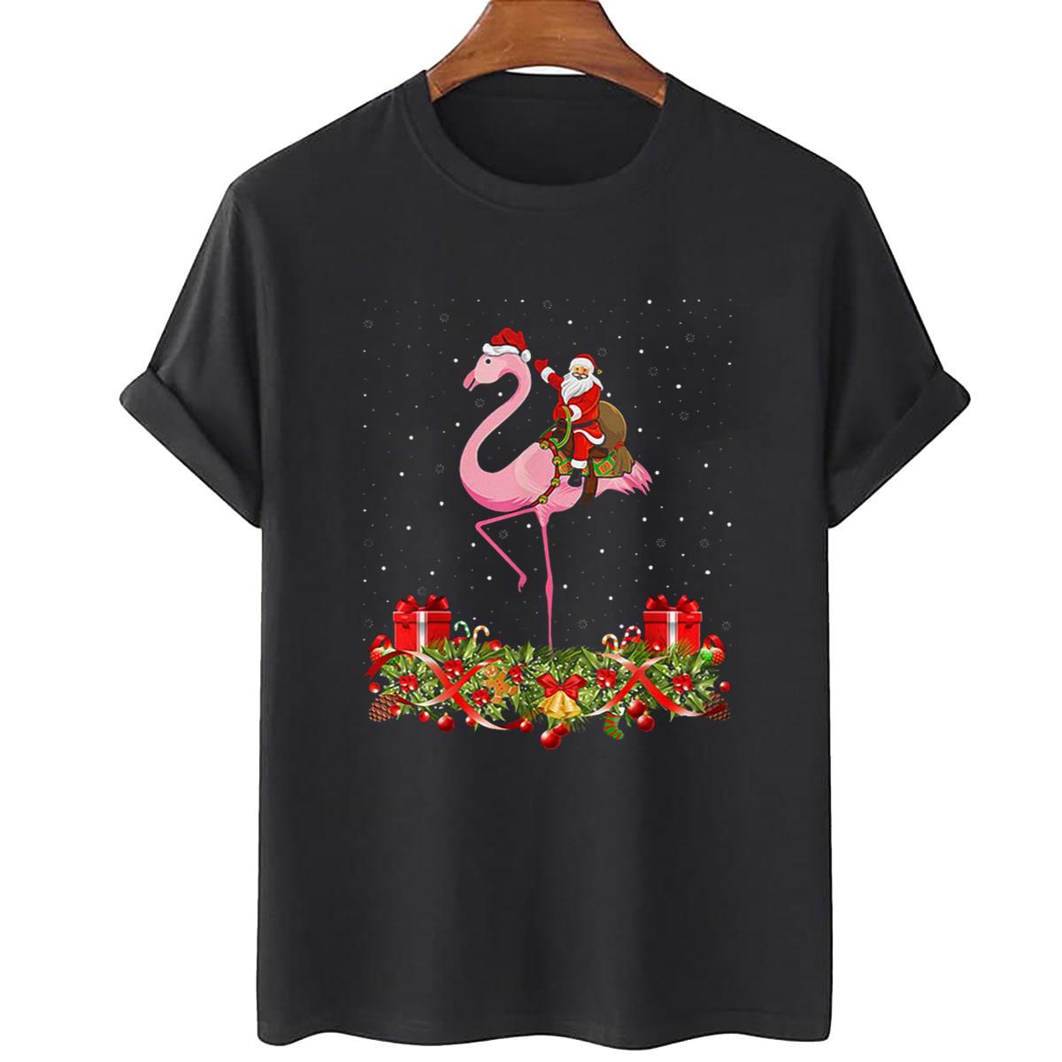 Santa Riding Flamingo Christmas Xmas Unisex T-Shirt