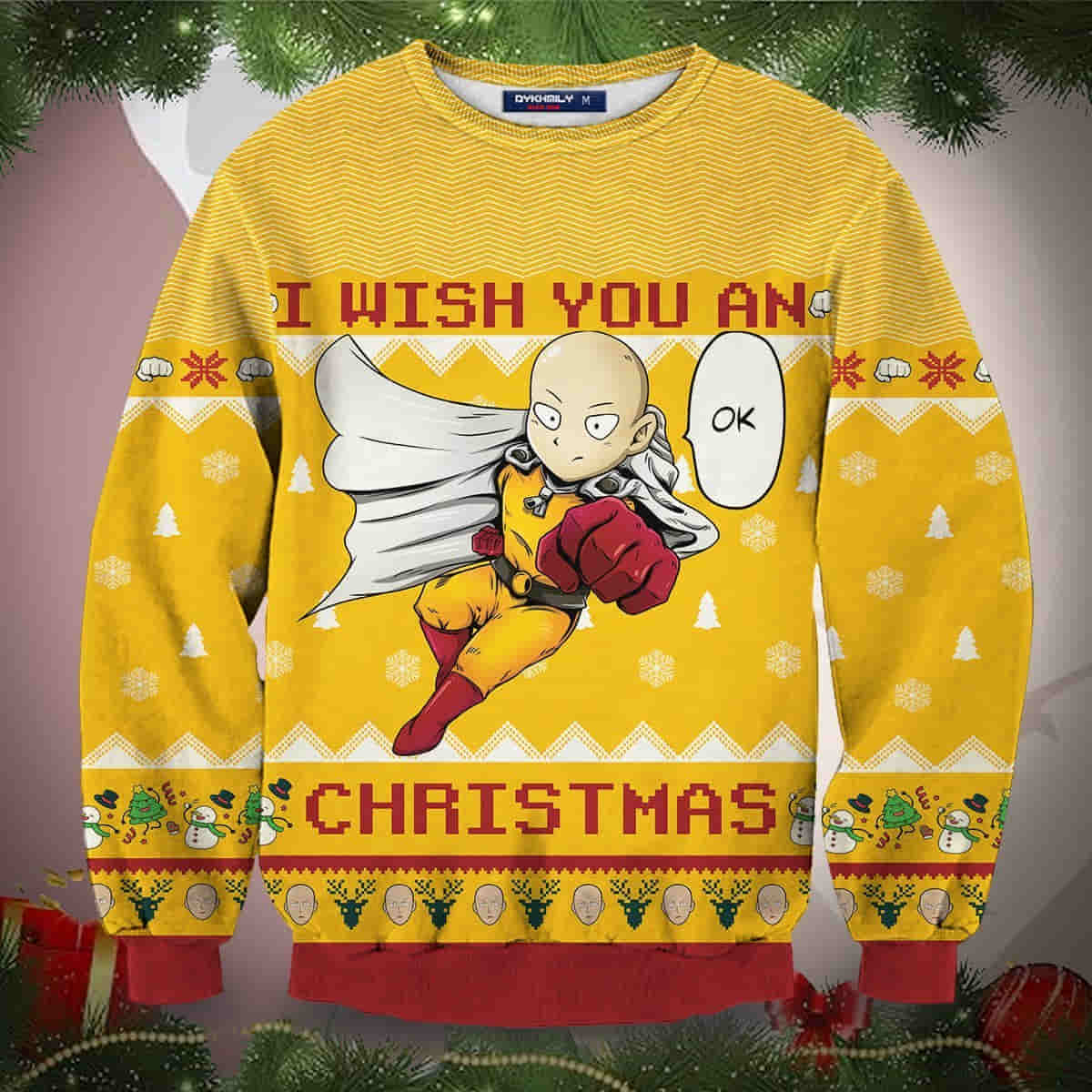 Wish You Ok Christmas Wool Knitted Sweater, One Punch Man 3D Sweater