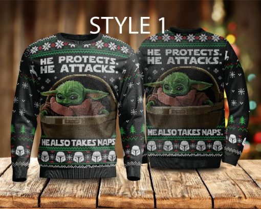 Baby Yoda He Protects He Attacks He Also Takes Naps Ugly Christmas Sweater