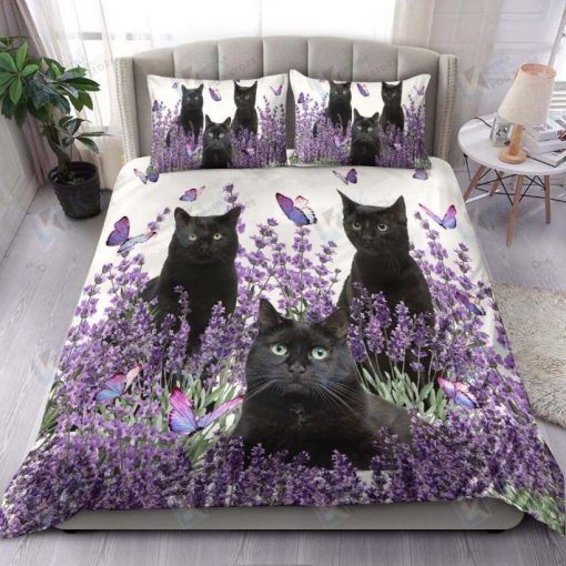 Black Cat And Lavender Flower Bedding Set