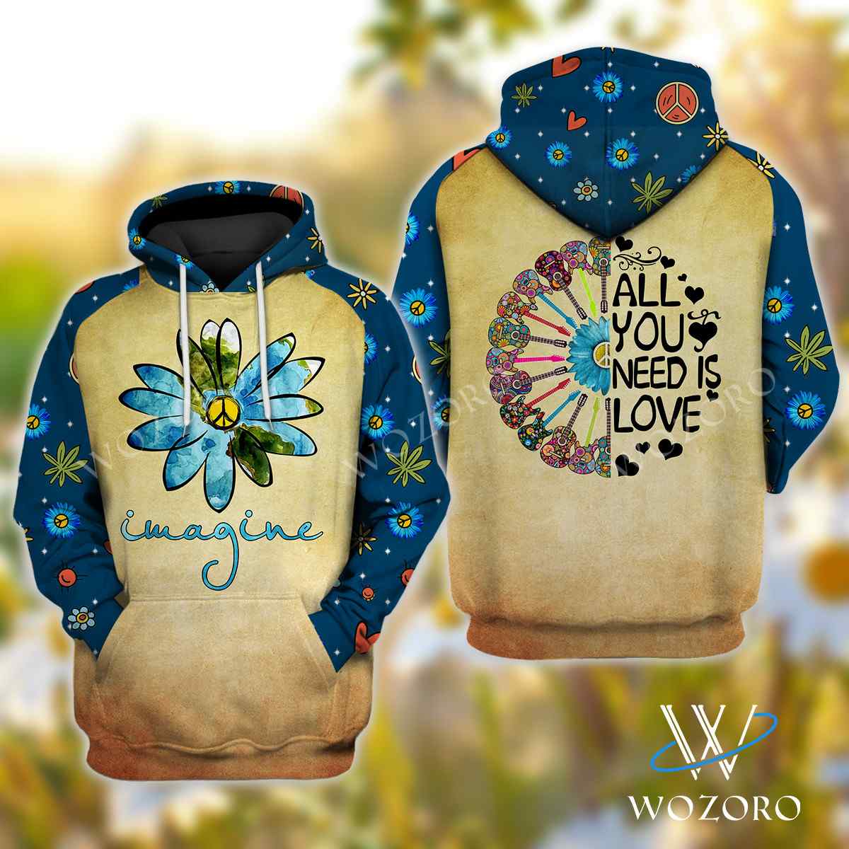 Imagine All you Need Is Love Guitar Hippie 3D Hoodie