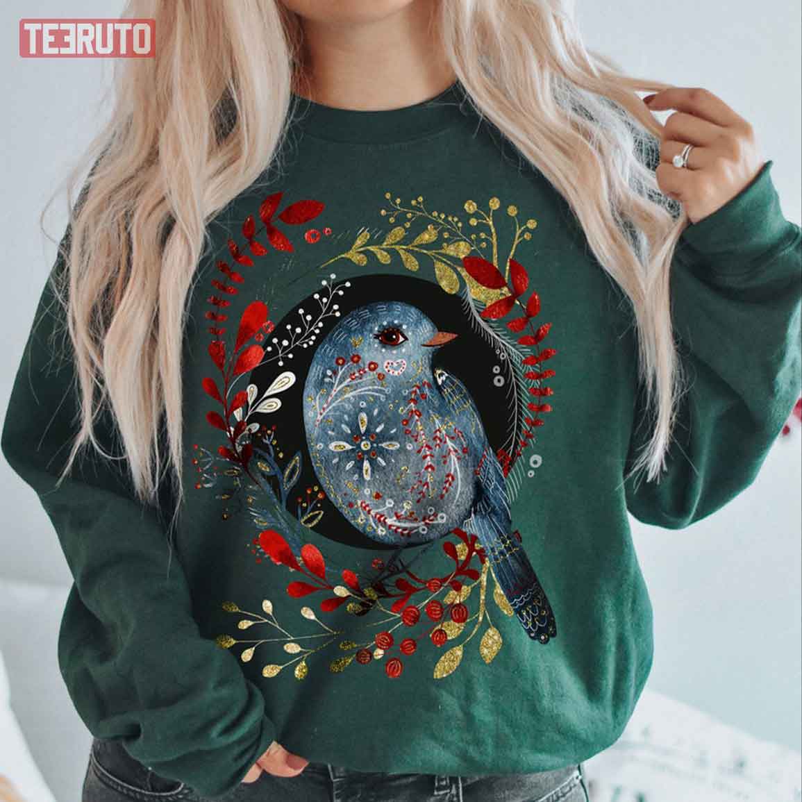 Bird Christmas Scandinavian Norwegian Folk Art Unisex Sweatshirt