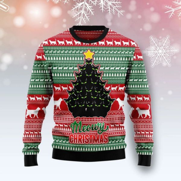 Black Cat Meowy Ugly XMas Wool Knitted Sweater