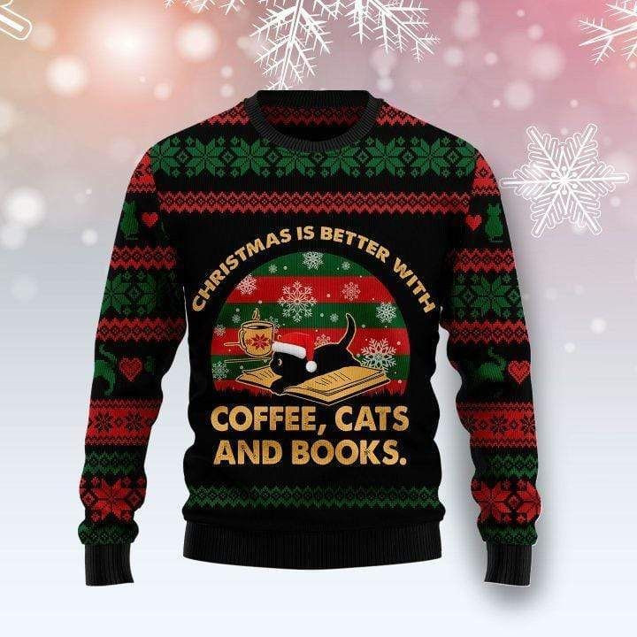 Christmas 3D Is Better With Coffee Cats And Books Sweater