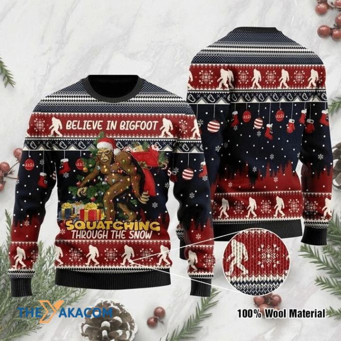 Christmas 3D Sweater Patterns Believe In Bigfoot Squatching Through The Snow