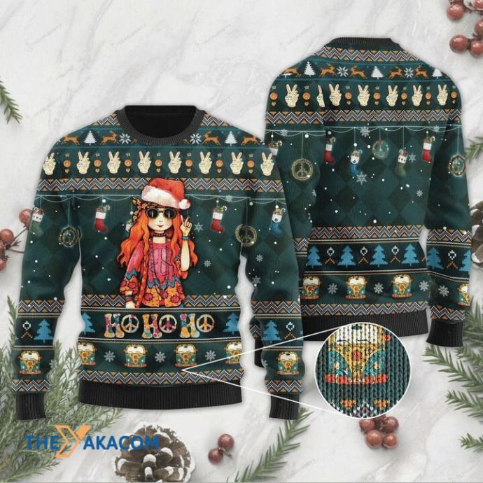 Christmas Patterns With Hippie Girl Ho Ho Ho 3D Sweater