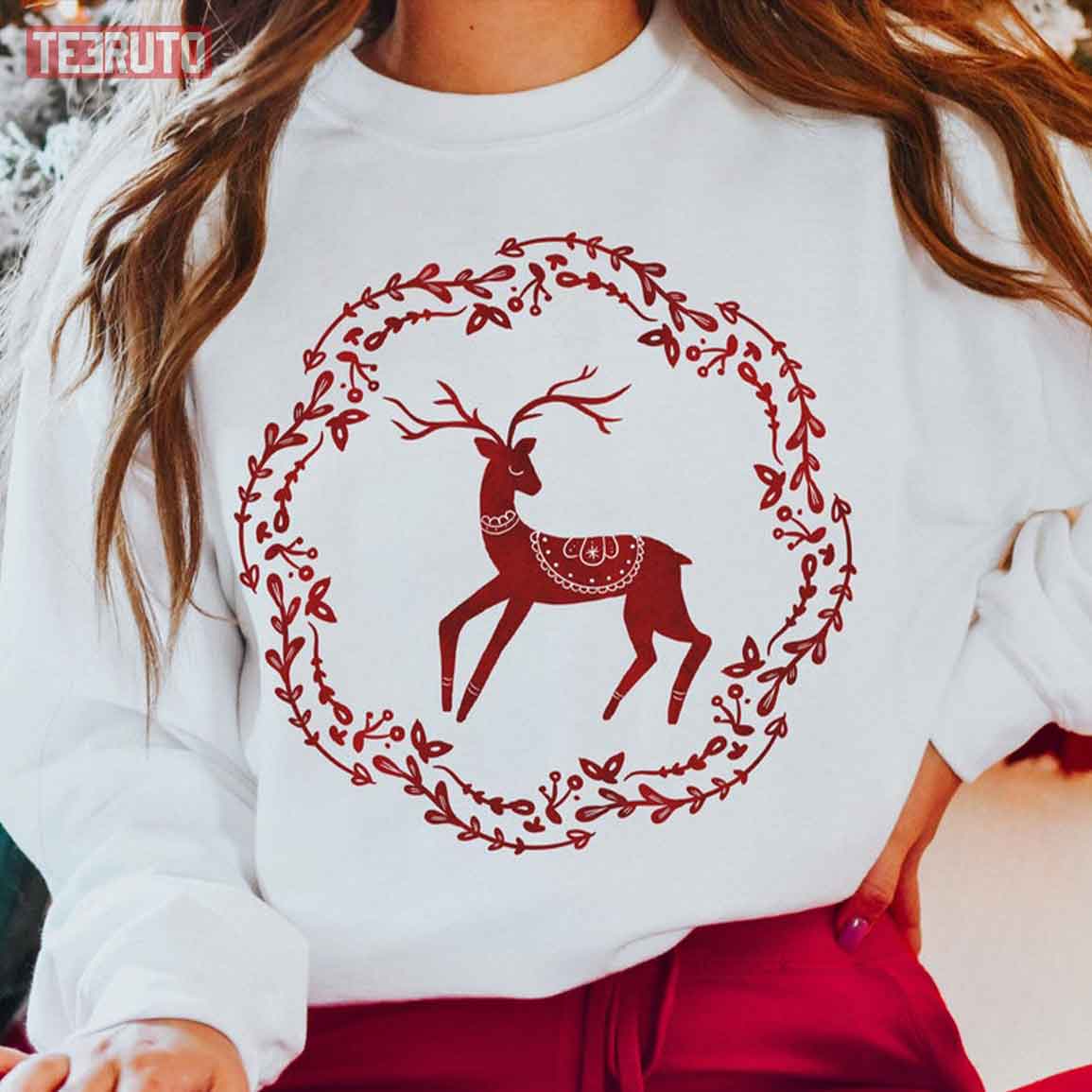 Christmas Red Reindeer Nordic Scandinavian Folk Art Sweatshirt