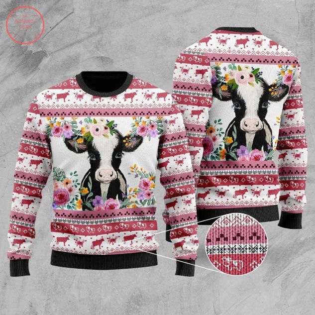 Cow And Pink Flowers Xmas 3D Sweater