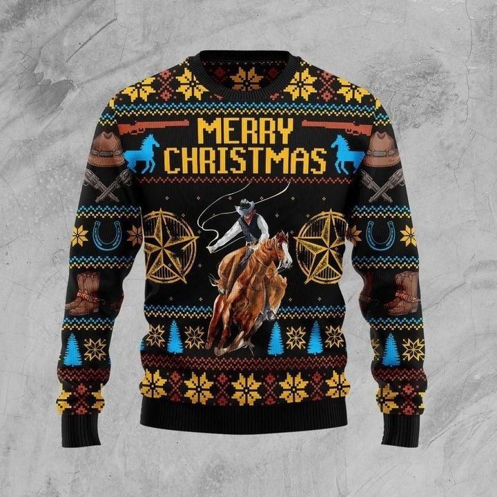 Cowboy Riding Horse 3D Sweater Merry Christmas