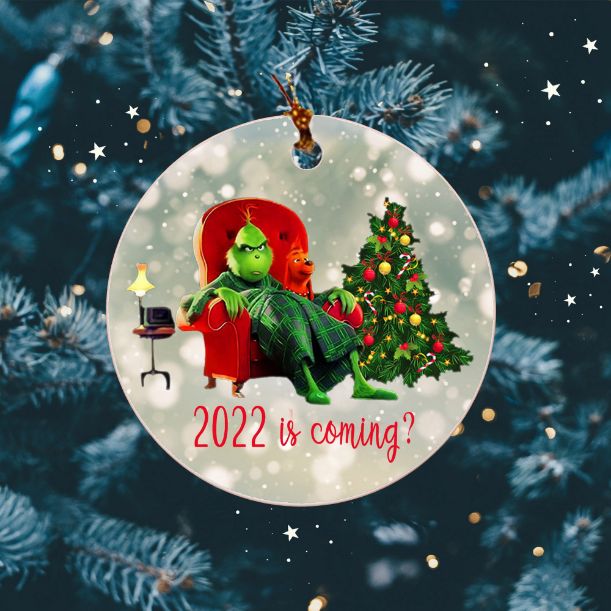 Dog And Grinch Christmas 2022 Is Coming Ceramic Ornament