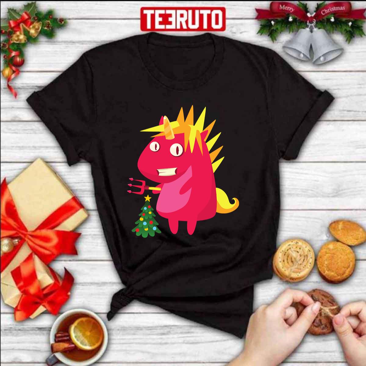 Evil Unicorn With Christmas Tree Unisex T-Shirt