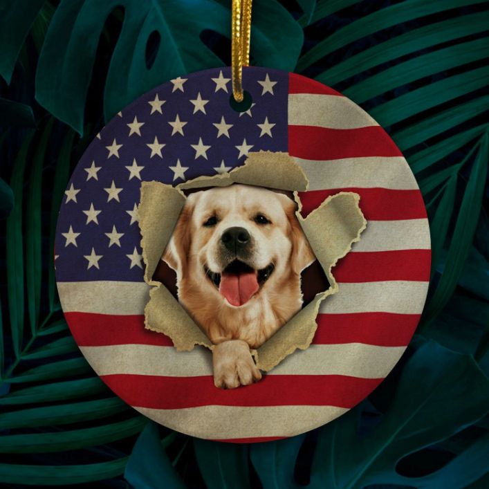 Golden Retriever Dog In American Flag Ceramic Ornament