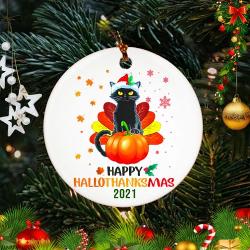 Happy Hallothanksmas Cat Turkey Thanksgiving Christmas Ceramic Ornament