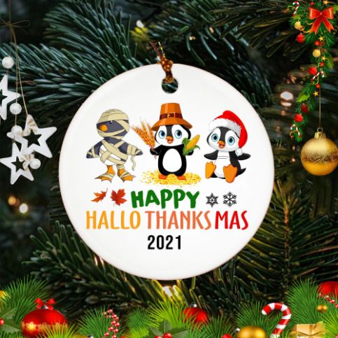 Happy Hallothanksmas Penguin Thanksgiving Christmas Ceramic Ornament
