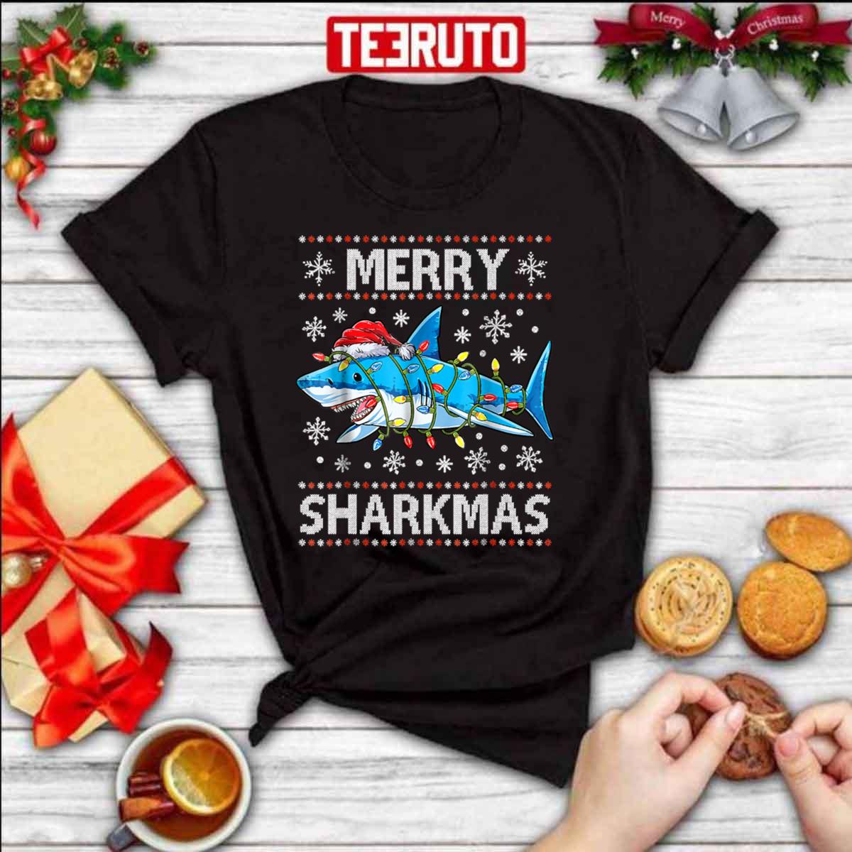 Merry Sharkmas Ugly Christmas Shark Lights Unisex T-Shirt
