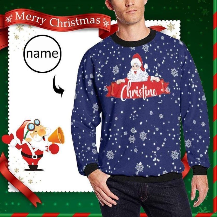 Personalized Christmas Santa Claus Navy Custom Name All Over Printed Sweater