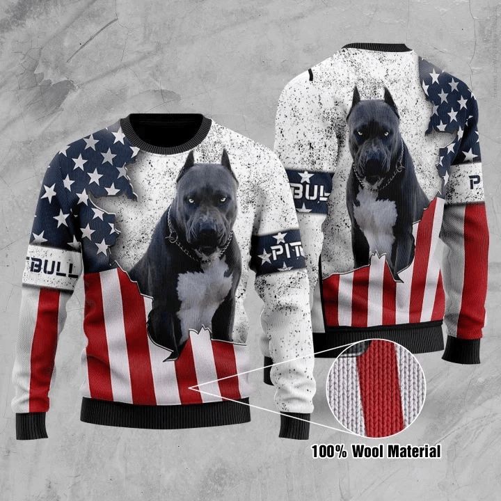 Pitbull American Flag Ugly Christmas Sweater 3D Sweater