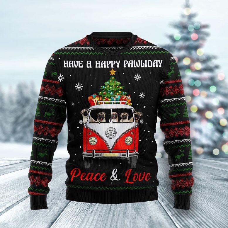 Pug Dogs Carrying Gift Christmas On The Red Car 3D Sweater