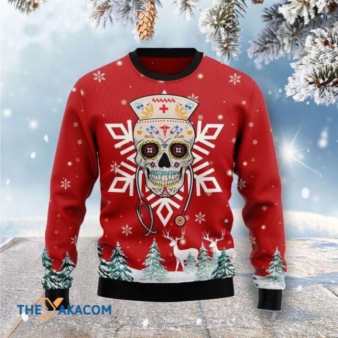 Red Christmas Patterns Sugar Skull Nurse 3D Sweater