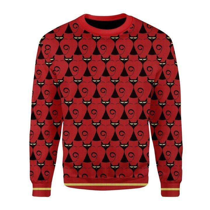 Red Christmas Patterns With Black Cat 3D Sweater Teeruto