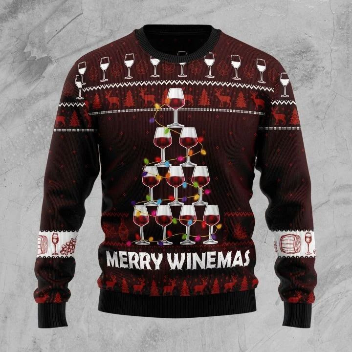 Red Wine Made Pine Tree With Colorful Light Merry Winemas All Over Printed Sweater