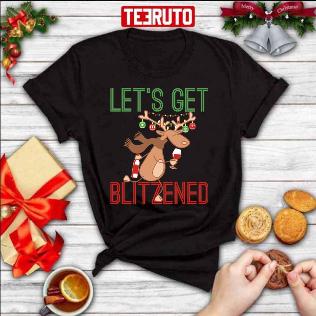 Reindeer Drinking Alcohol Let’s Get Blitzened Funny Christmas Unisex T-Shirt
