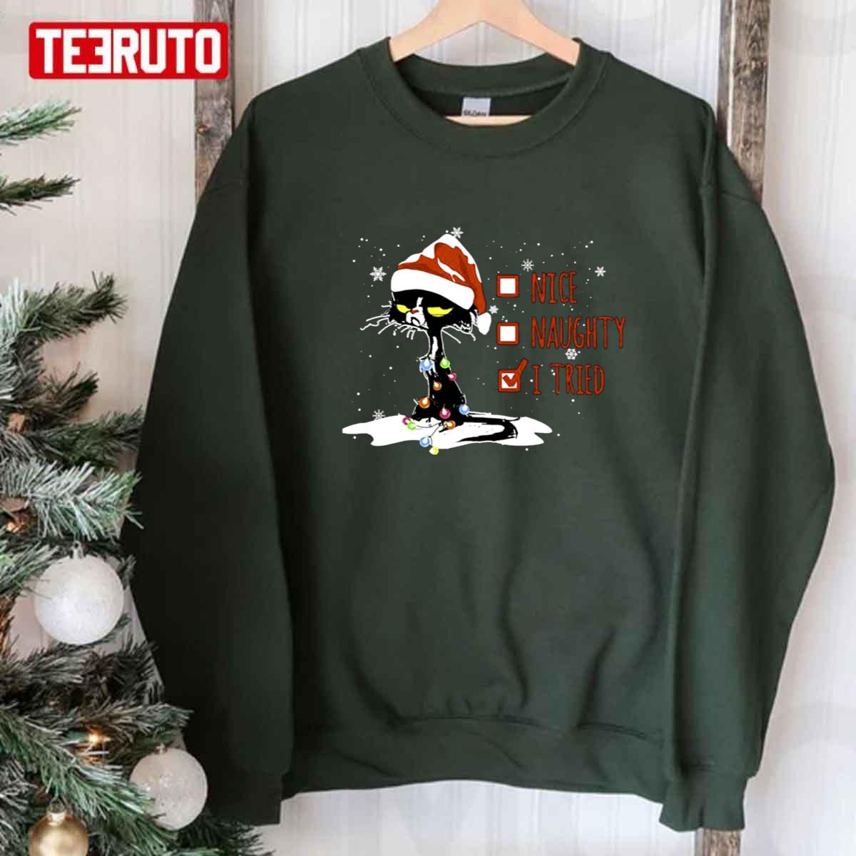 Santa Black Cat Nice Naughty I Tried Christmas Unisex Sweatshirt