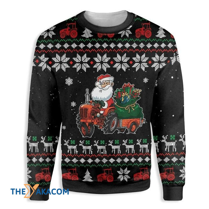 Santa Claus Drive Tractor And Christmas Box All Over Printed Sweater