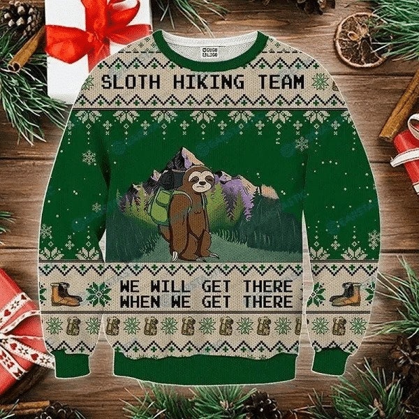 Sloth Hiking Team Green Christmas Wool Knitted Sweater