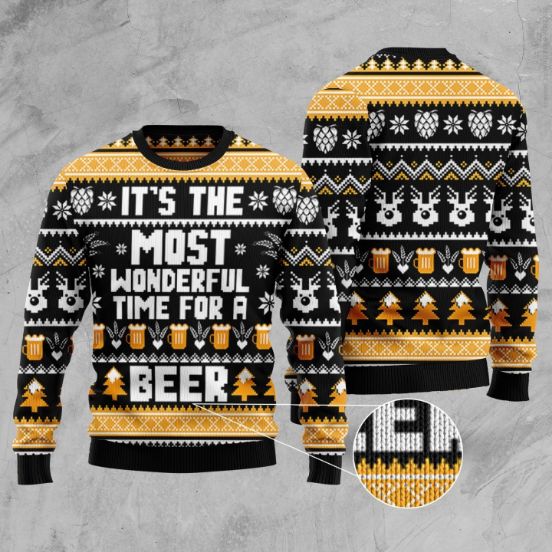 Wonderful Time For A Beer Ugly Christmas Wool Knitted Sweater