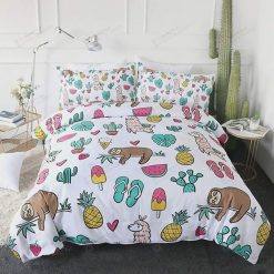 Cartoon Sloth Llama Cactus With Pineapple Bedding Set