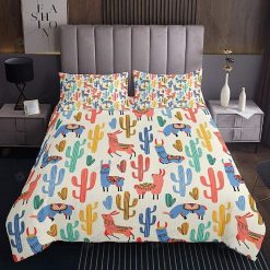 Colorful Alpaca And Cactus Pattern Bedding Set