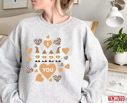 Cute Gnomes I Love You Valentine Leopard Hearts Unisex Sweatshirt