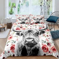Highland Cow And Flower Background Bedding Set