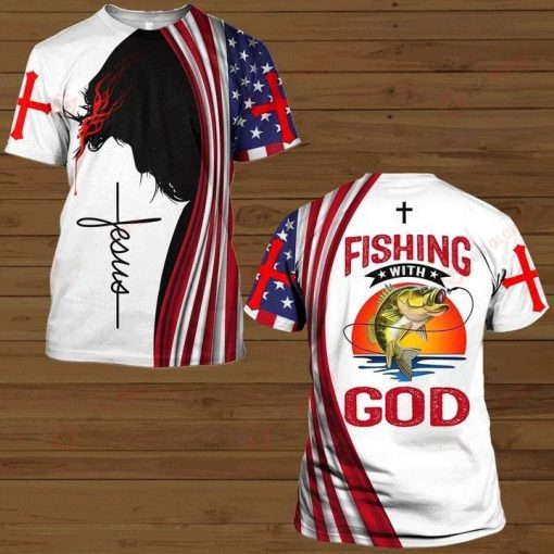 Jesus Bible Fishing With God American Flags 4th Of July Independence Day?3d T Shirt