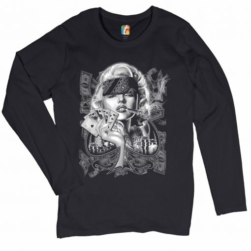 Marilyn Monroe Playing Poker Smoking A Joint Women_s Long Sleeve T-Shirt