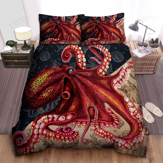 Octopus Red Monster Bricks Bedding Set, Octopus Twin Bedding Set
