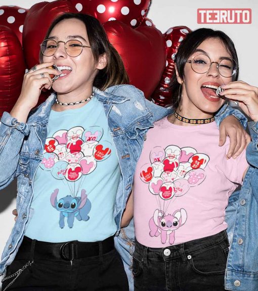 Stitch And Angel Balloons Matching Couple Disney Valentine T-Shirts