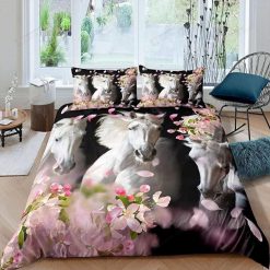 White Horse With Cherry Blossoms Flower Bedding Set