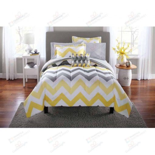 Yellow Grey Chevron Bedding Set