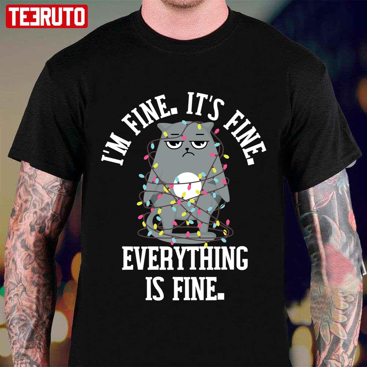 Christmas 2021 I’m Fine Everything Is Fine Grumpy Cat Tangled Lights Unisex T-Shirt