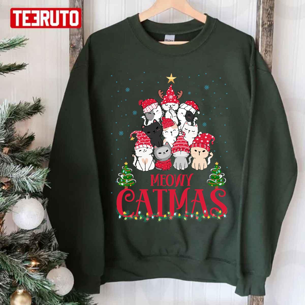 Meowy Catmas Christmask Lights Funny Festive Cat Unisex Sweatshirt