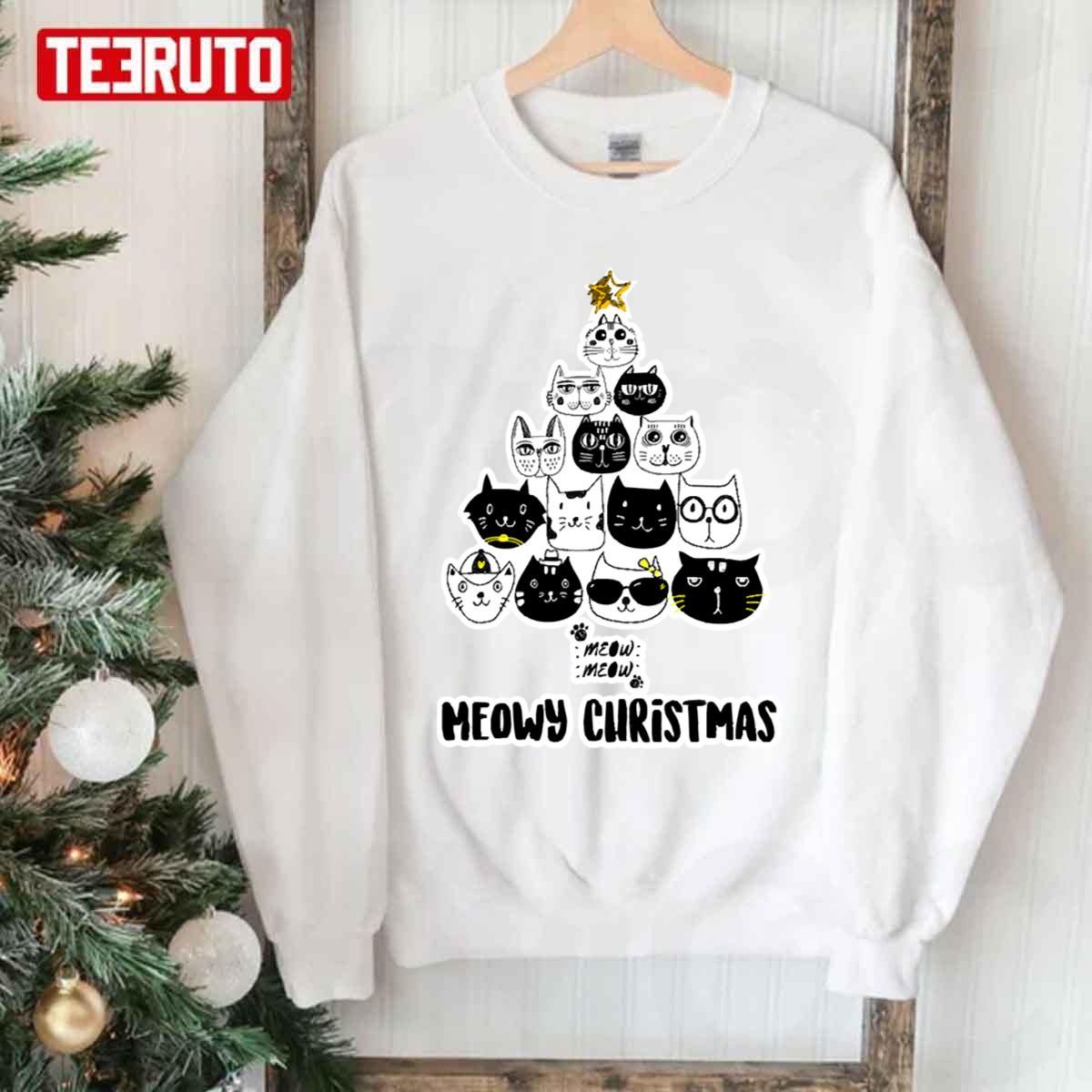 Merry Meowy Christmas Tree Cat Holiday Unisex Sweatshirt